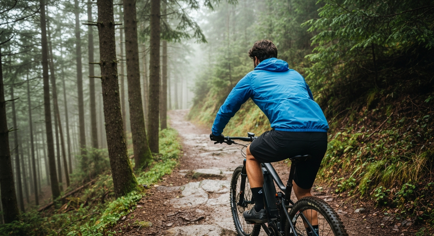 Cycliste vu de dos roulant en veste coupe-vent sur un chemin hivernal